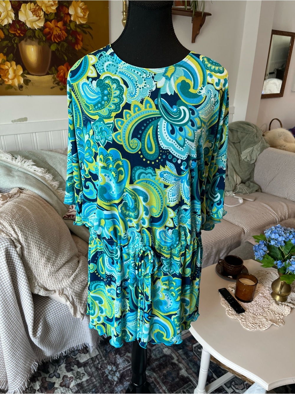 Women’s Y2K Vintage Stretchy Vibrant Blue & Teal Paisley Drawstring Top Dress L